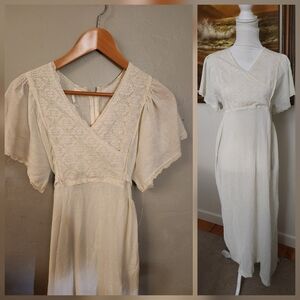 Vintage 1960s 1970s Ivory White Cotton V-Neck Maxi Dress